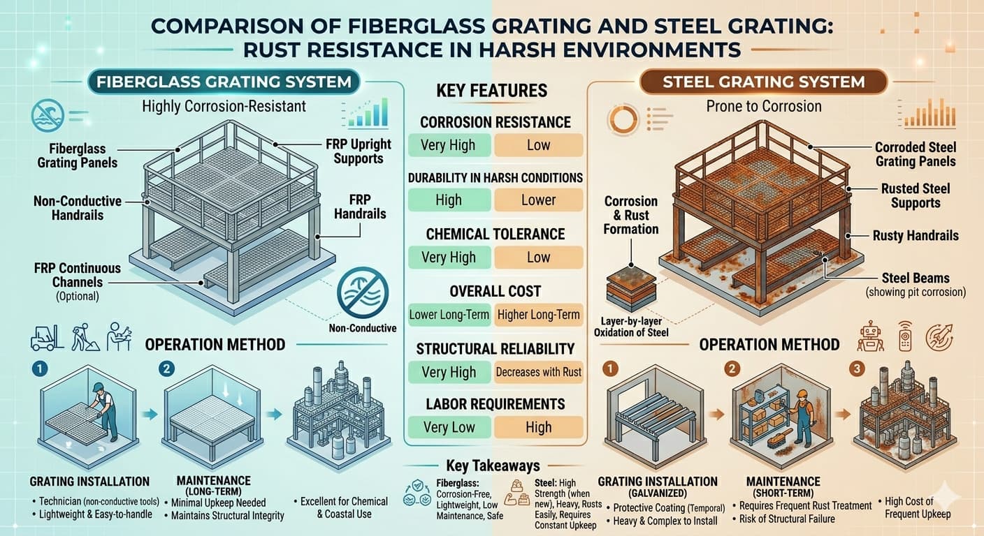 comparison of fiberglass grating and steel grating showing rust resistance in harsh environments comparison of fiberglass grating and steel grating showing rust resistance in harsh environments